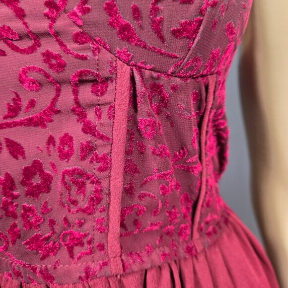 Y2K Fit Flare Whimsigoth Dress M Burgundy Flocked Velvet Corset Mini Pockets - Picture 3 of 10